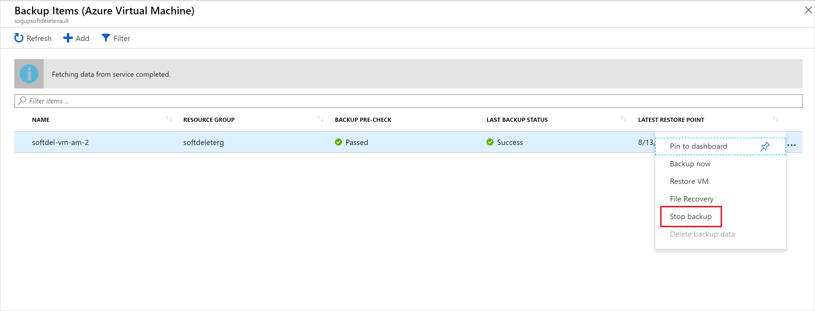 Screenshot of Azure portal Backup Items