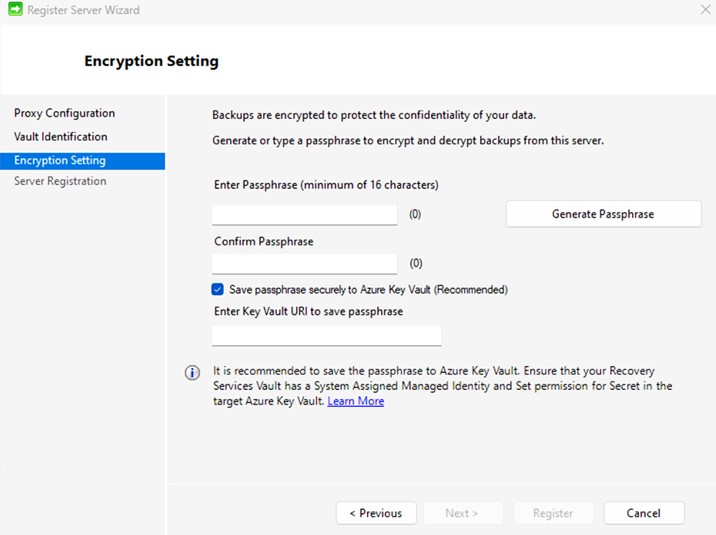 Screenshot shows how to specify a passphrase to be used to encrypt and decrypt backups for machines.