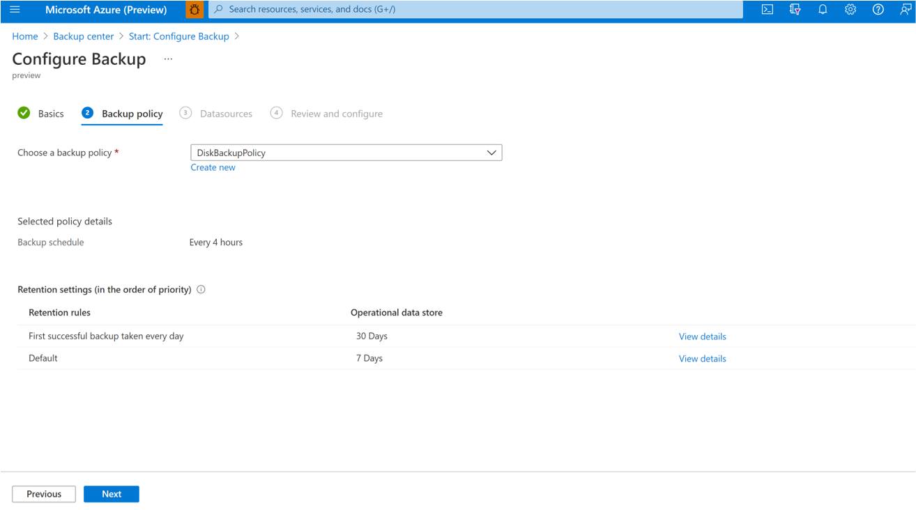 Screenshot showing the process to choose a Backup policy.