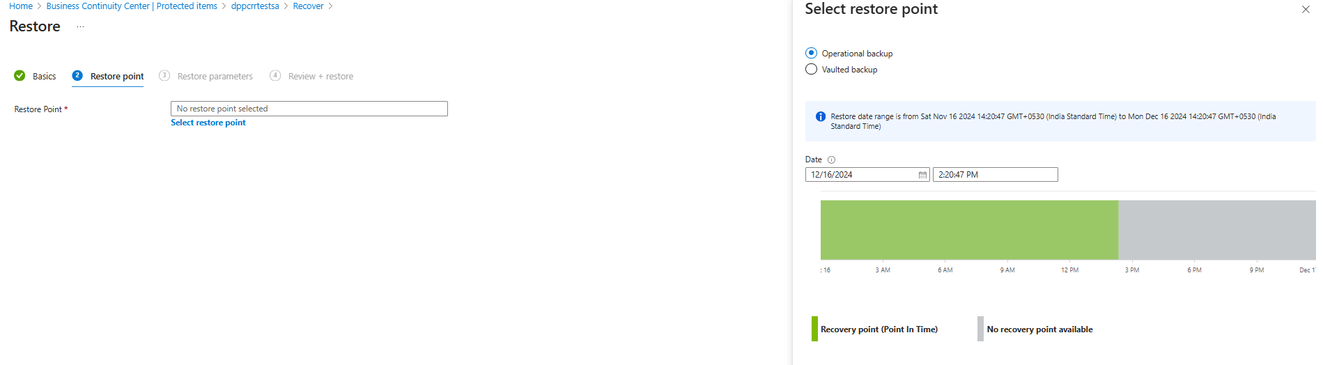 Screenshot shows the restore options for blob operational backup.