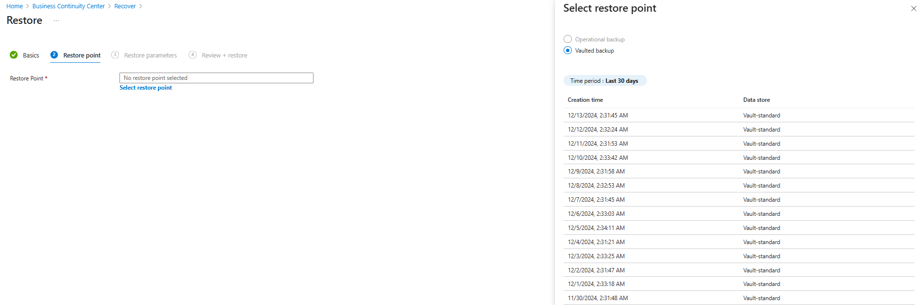 Screenshot shows the restore options for blob vaulted backup.