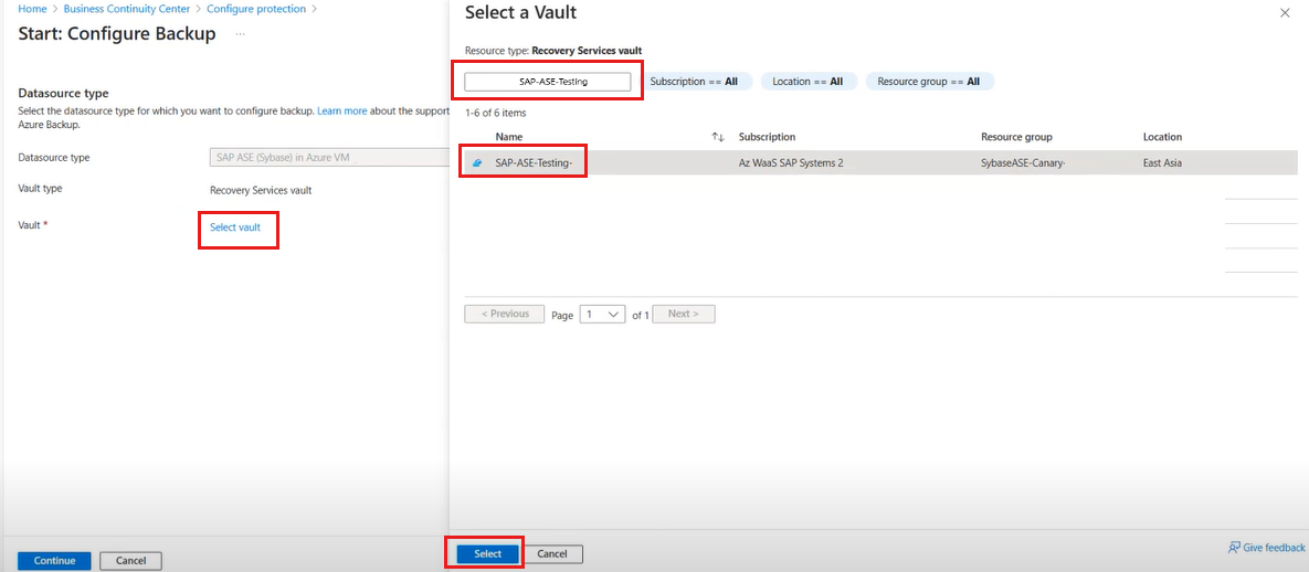 Screenshot shows how to select a vault to configure backup.