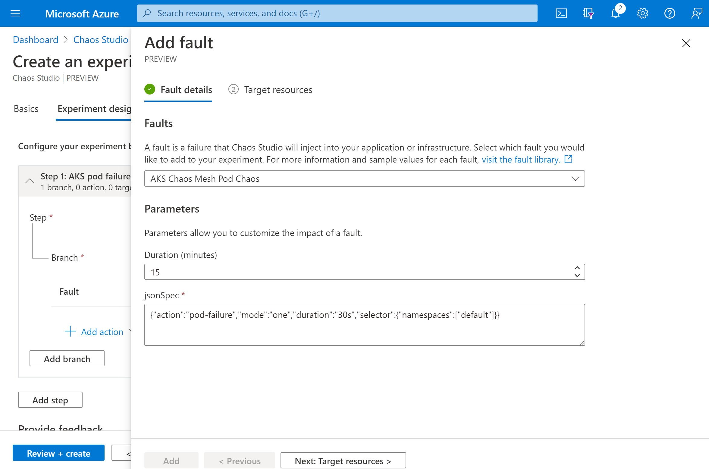 Screenshot that shows fault properties.