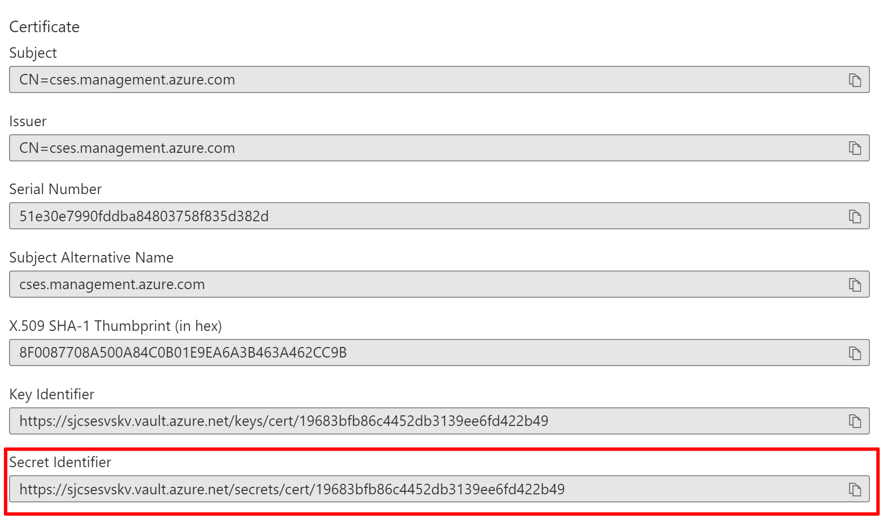 Image shows the secret identifier field in the key vault.