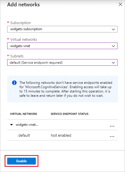 Screenshot shows the Add networks dialog box where you can enter a virtual network and subnet.