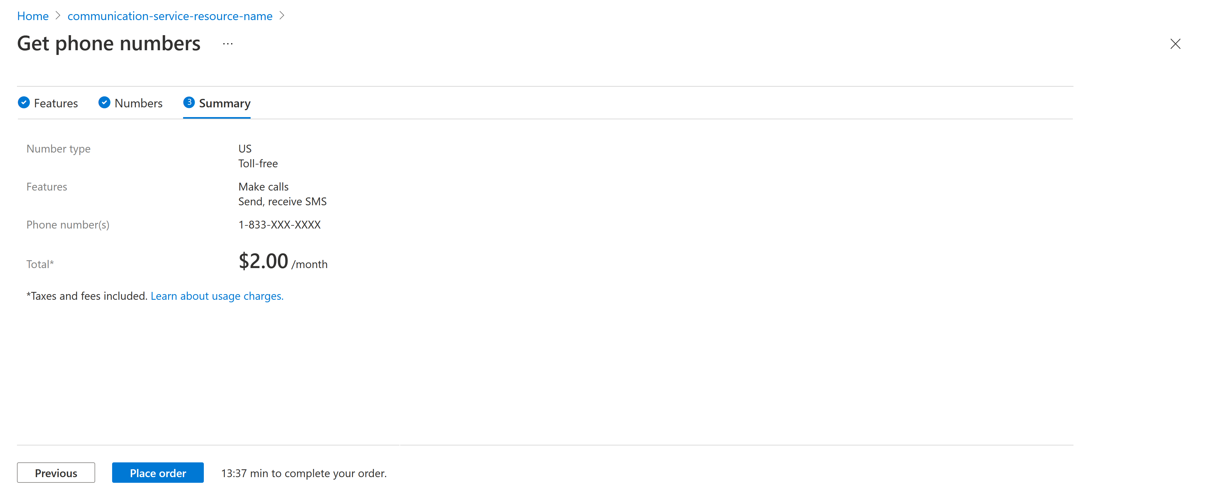 Screenshot showing the Summary page with the Number type, Features, Phone Numbers, and Total monthly cost shown.