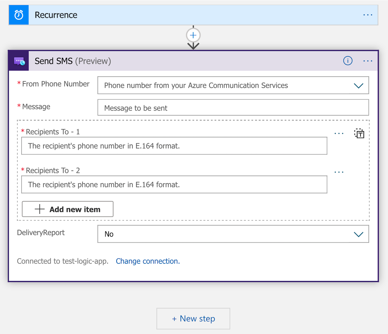 Screenshot that shows the Send SMS action with sample information.