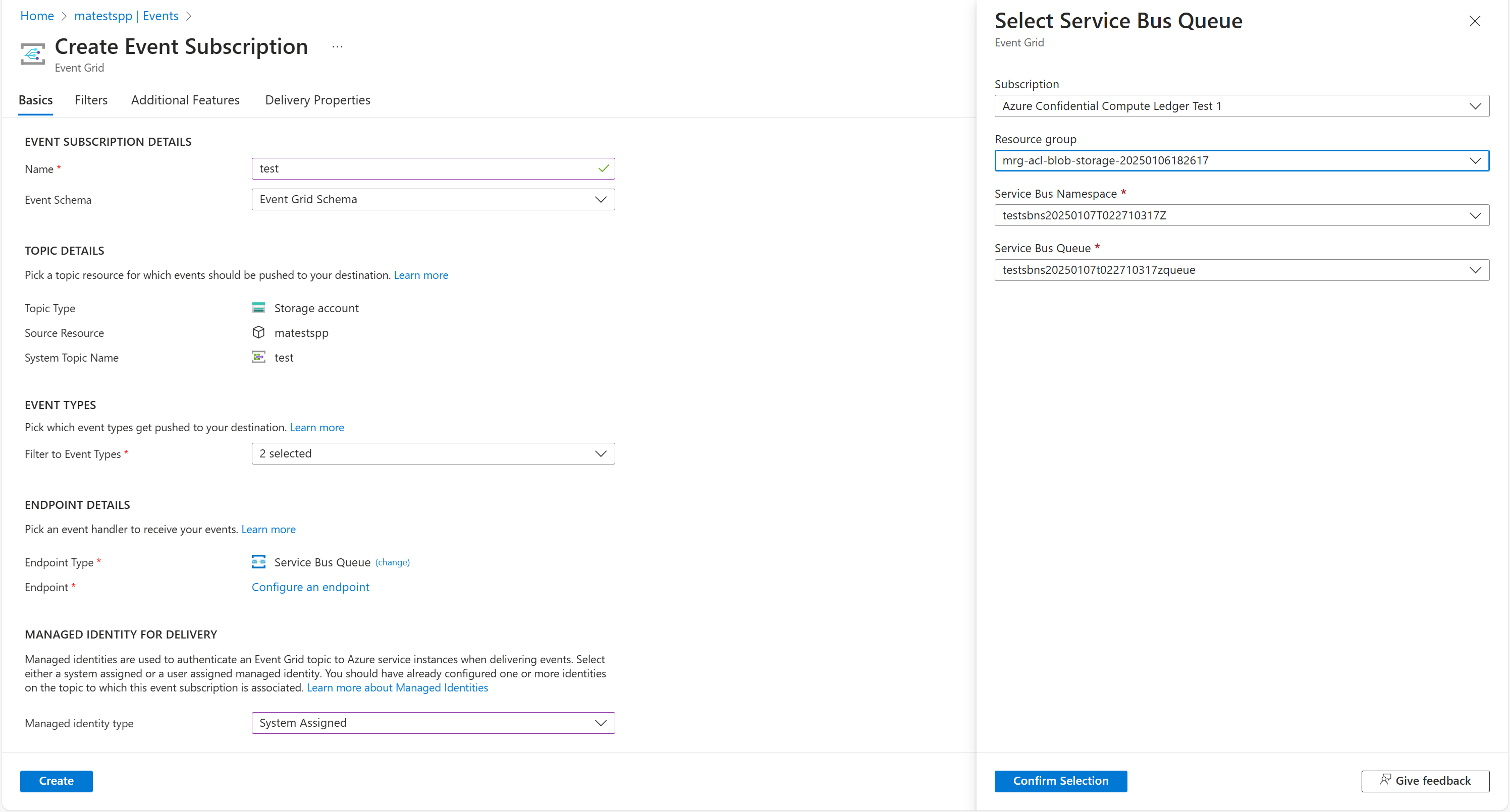 Screenshot of the Azure portal in a web browser, showing how to set up a storage event subscription.