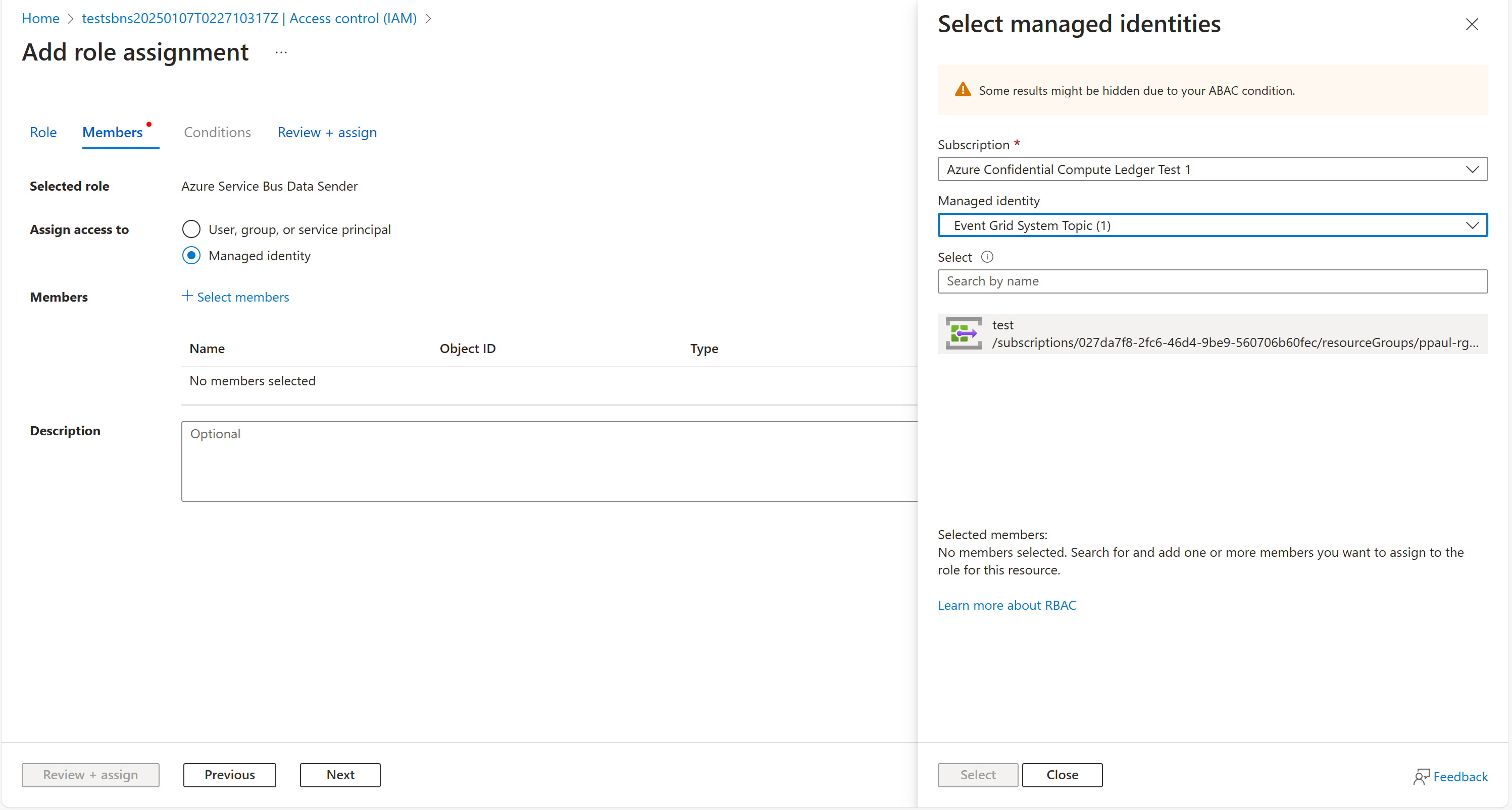 Screenshot of the Azure portal in a web browser, showing how to set up a service bus role.