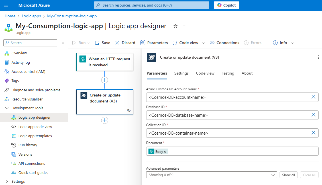 Screenshot shows Azure portal, designer for Consumption workflow, and action named Create or update document (V3).
