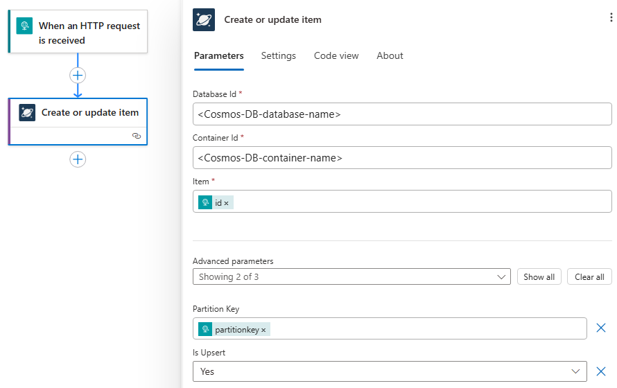 Screenshot shows Azure portal, designer for Standard workflow, and Azure Cosmos DB built-in action named Create or update item.