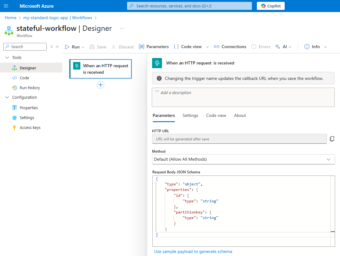 Screenshot shows Azure portal, designer for Standard workflow, and trigger named When an HTTP request is received.