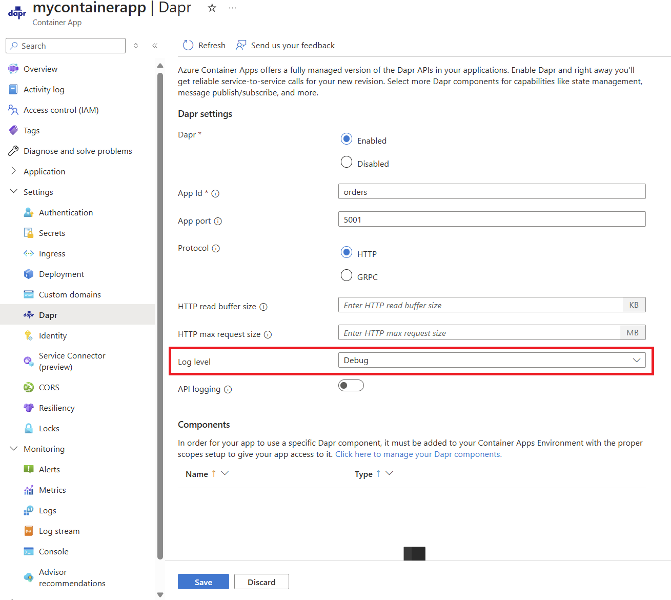 Screenshot demonstrating how to enable debug logs on your container app via the portal.