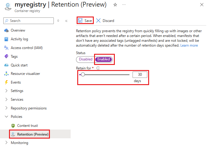 Screenshot showing the option to set a retention policy for untagged manifests for a container repository.