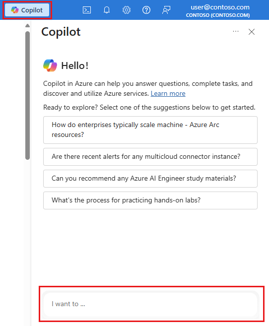 Screenshot showing the Copilot icon and pane in the Azure portal.
