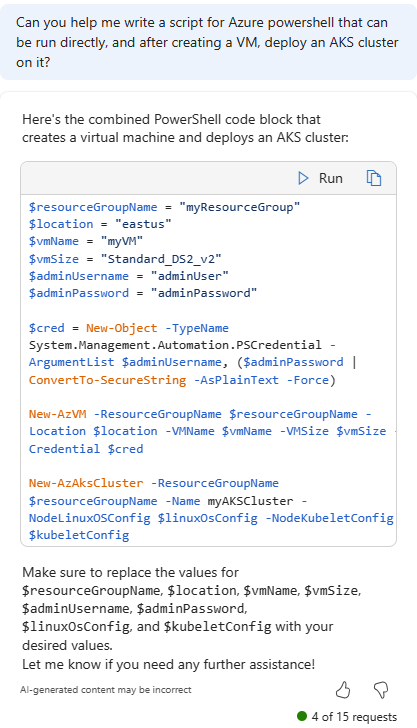 Screenshot of Copilot in Azure providing a PowerShell script that creates a VM and deploys an AKS cluster.