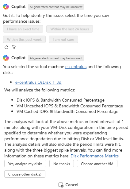 Screenshot of Microsoft Copilot in Azure preparing to run an analysis of slow disk performance.