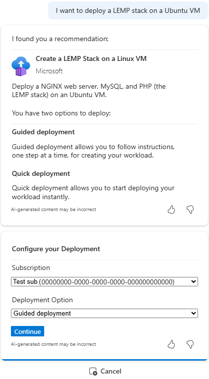 Screenshot showing Copilot in Azure presenting deployment options for a LEMP stack on Ubuntu.