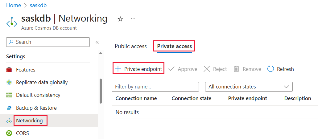 Screenshot of selections to create a private endpoint in the Azure portal