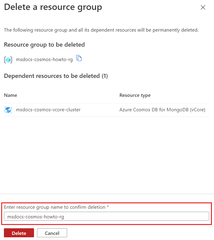 Screenshot of the delete resource group confirmation dialog with the name of the group filled out.
