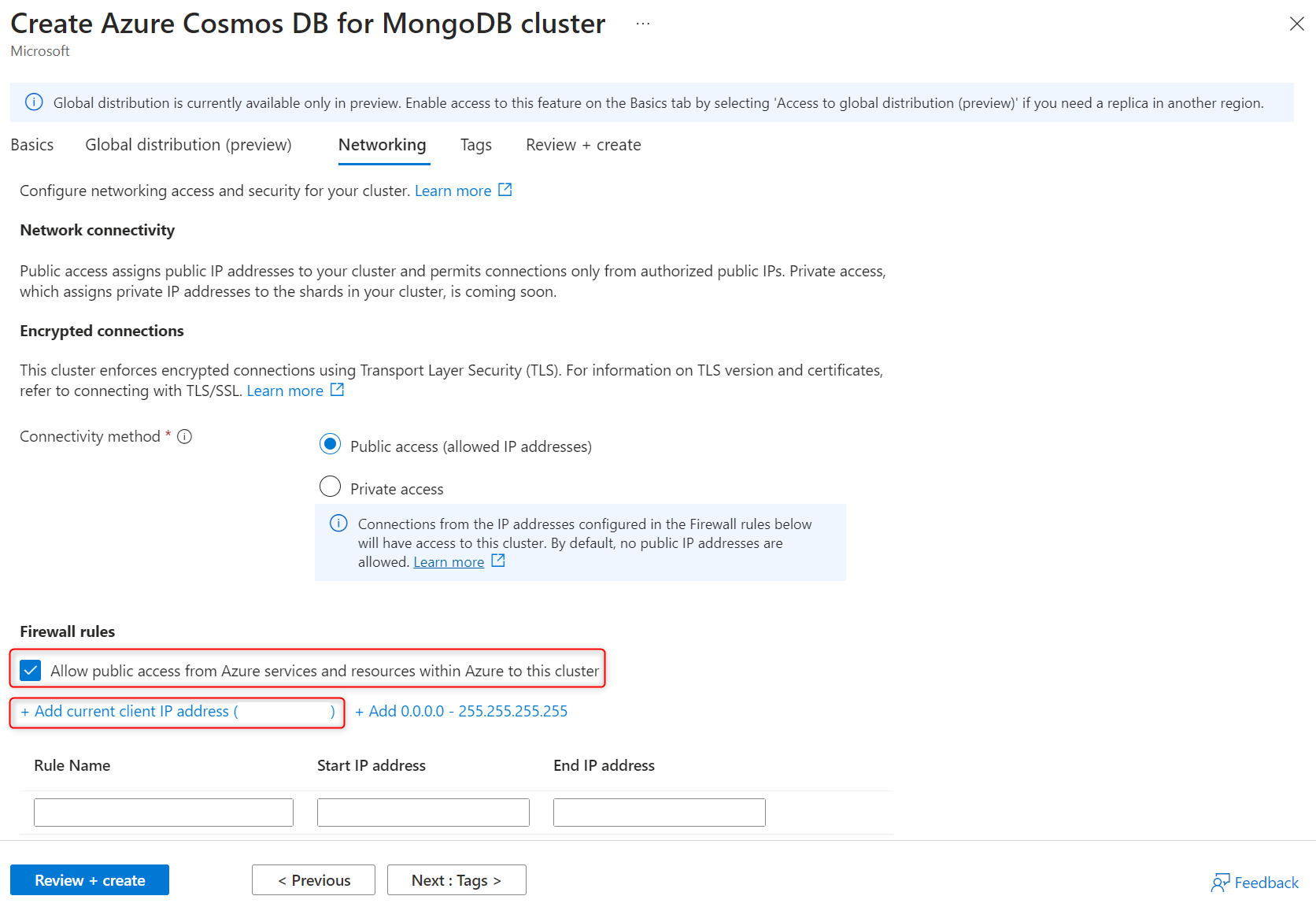 Screenshot of networking and firewall options for a cluster.