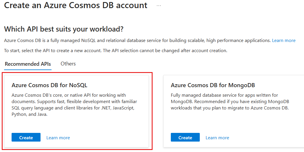 Screenshot of the Azure Cosmos DB API selection pane with the API for NoSQL highlighted.