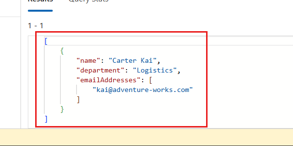 Screenshot of the results of the previous NoSQL query's execution in the Data Explorer.