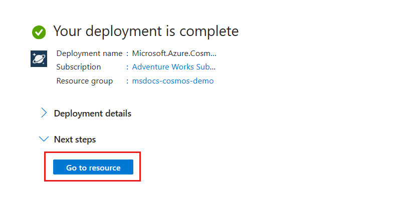 Screenshot of a fully deployed resource with the 'Go to resource' option highlighted.