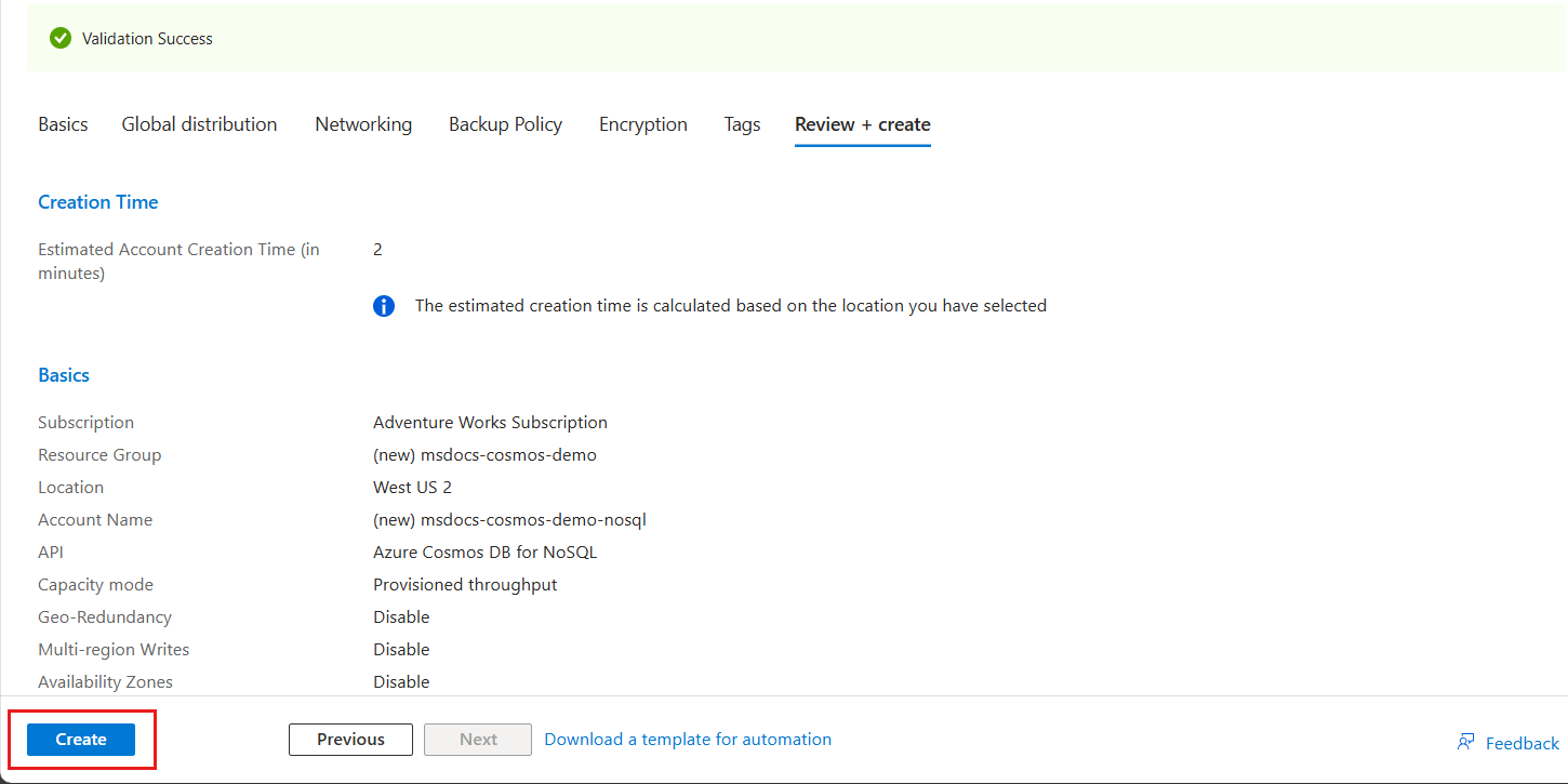 Screenshot of the resource validation step in the creation experience.