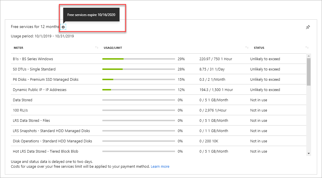 Screenshot that shows where to find out when your free account benefits expire.