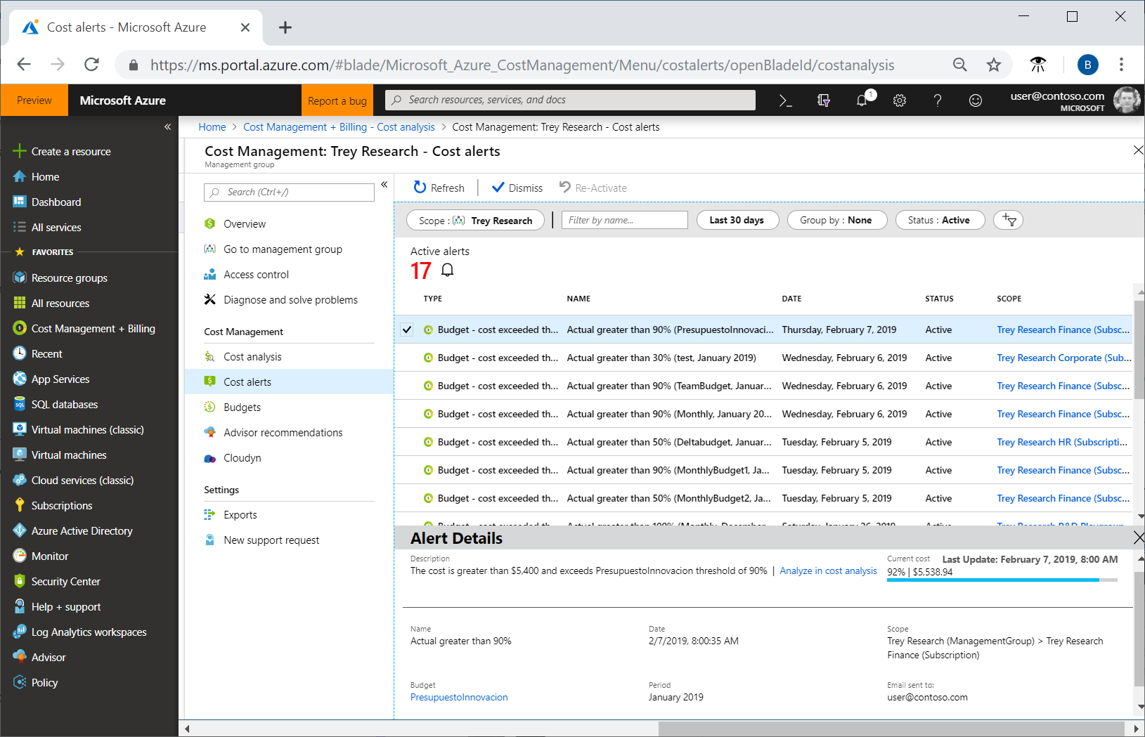 Screenshot showing the Cost alerts page and example alerts in Cost Management.