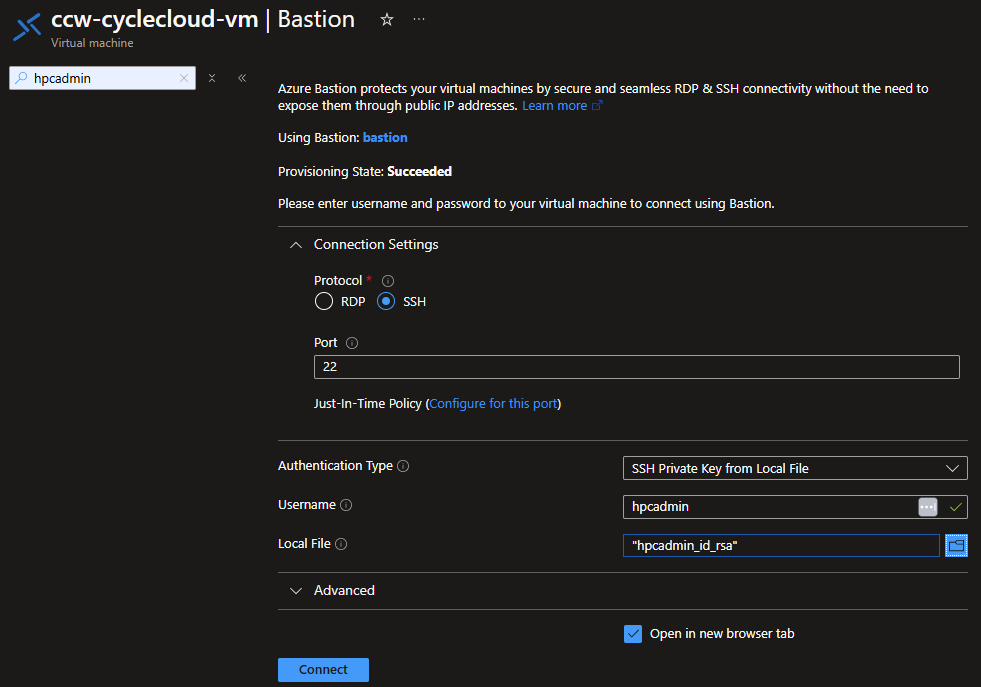 Screenshot of the Connect with Bastion connection options.