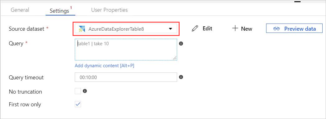 lookup settings with Azure Data Explorer dataset.