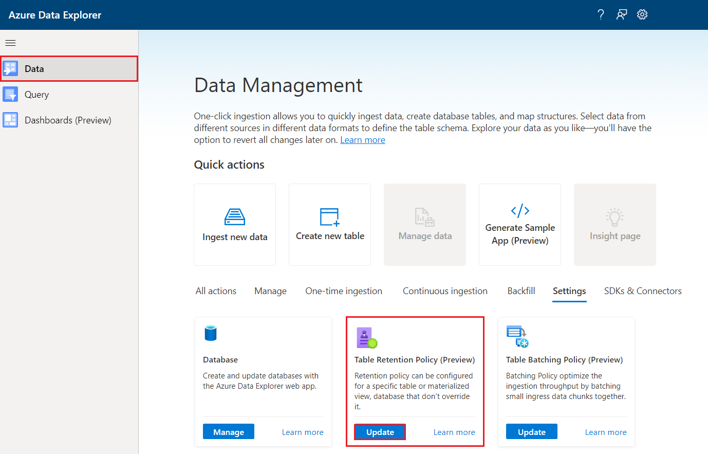 Screenshot of Data management screen showing the table retention policy wizard in the Azure Data Explorer web UI.