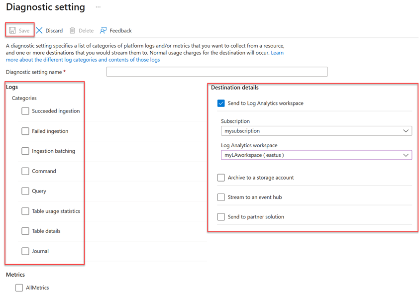 Screenshot of the Diagnostic settings screen, on which you configure which monitoring data to collect for your Azure Data Explorer cluster.