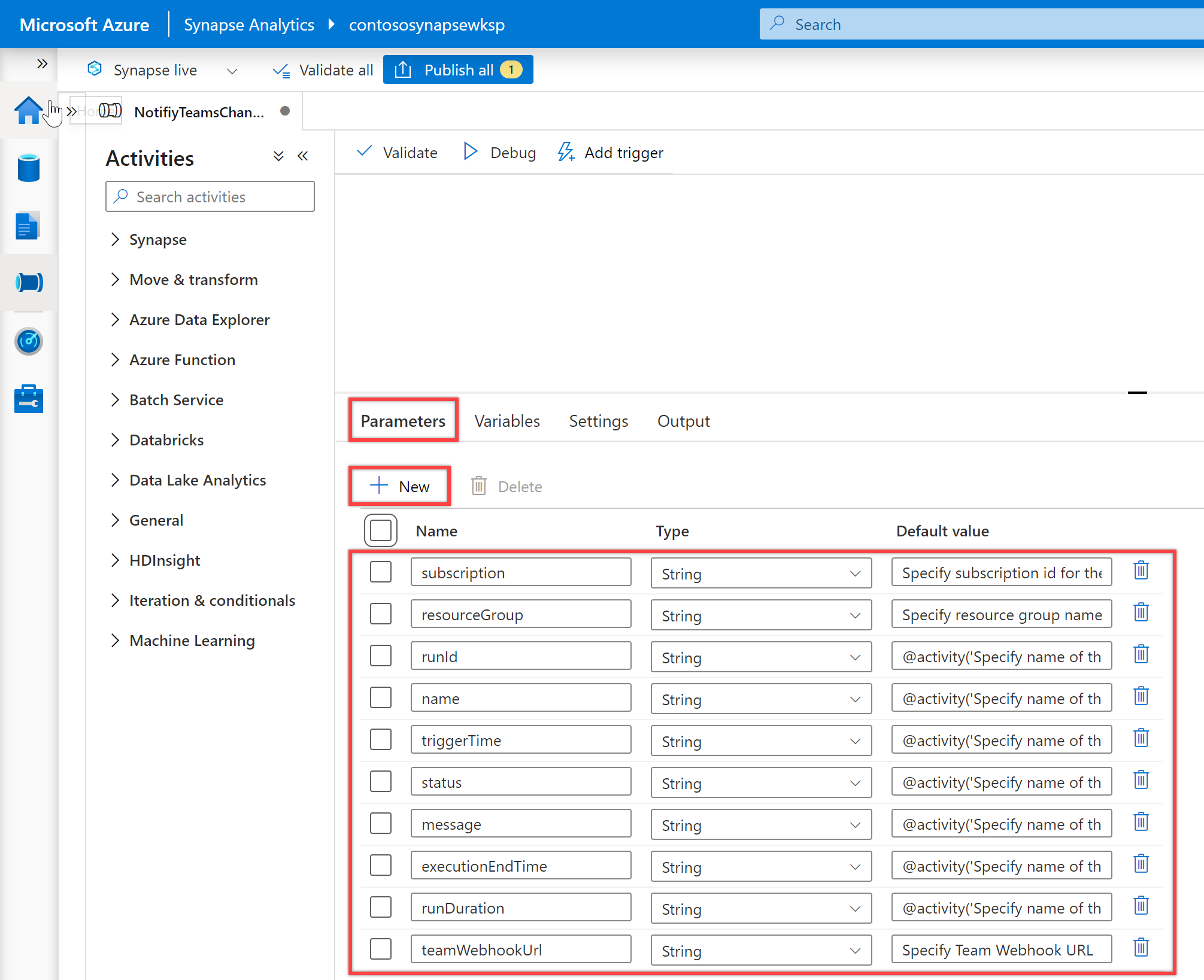 Shows the &quot;Pipeline parameters&quot;.