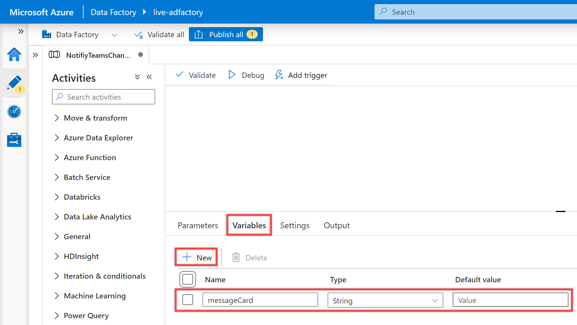 Shows the &quot;Pipeline variables&quot;.