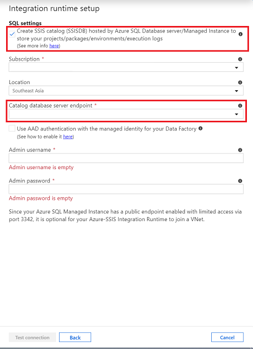 Screenshot shows Integration runtime setup with Create S S I S catalog selected and Catalog database server endpoint entered.