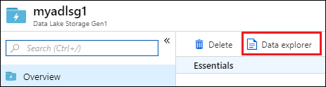 Screenshot of the Data Lake Storage Gen 1 account blade with the Data explorer option called out.