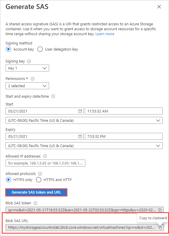 Screenshot of the Generate SAS screen, with options for generating and copying a Blob SAS URL