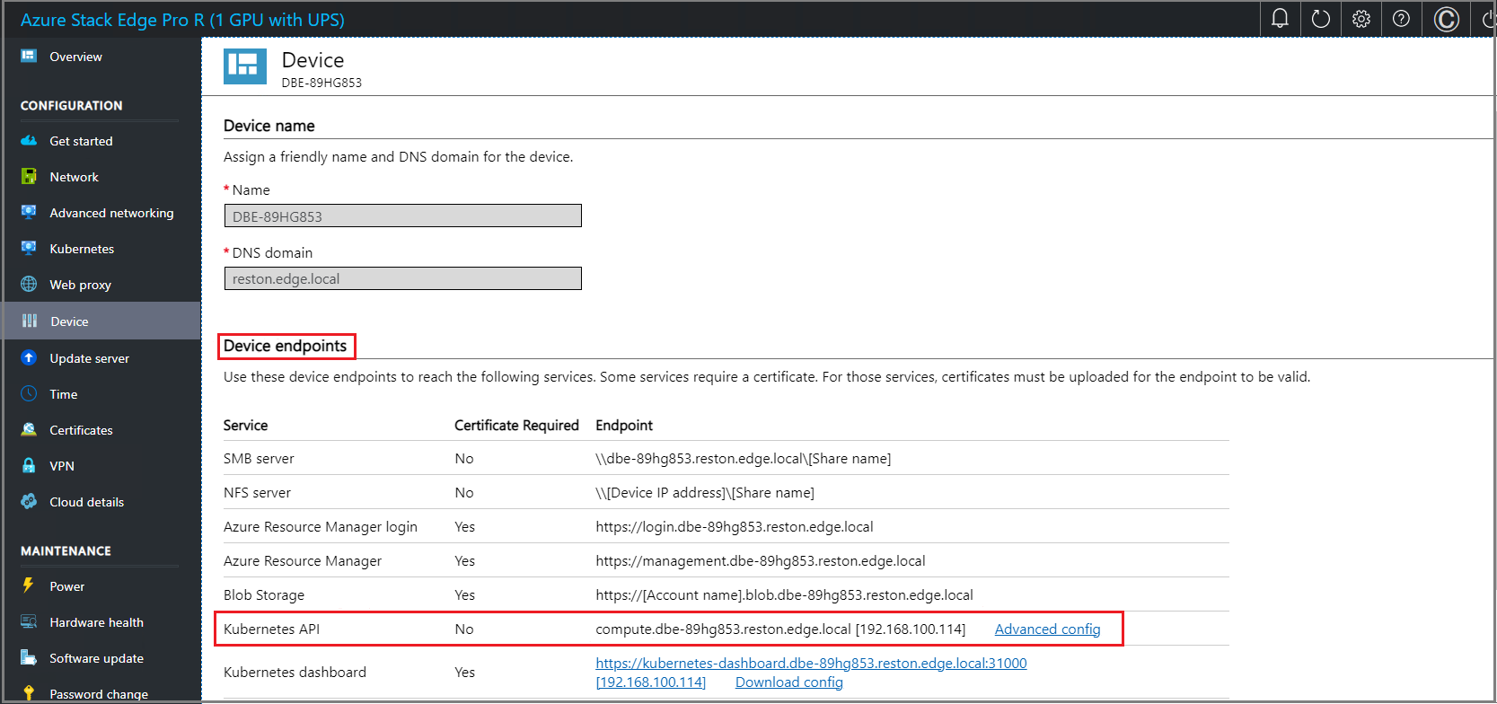 Screenshot that shows the Device page in local U I 1.