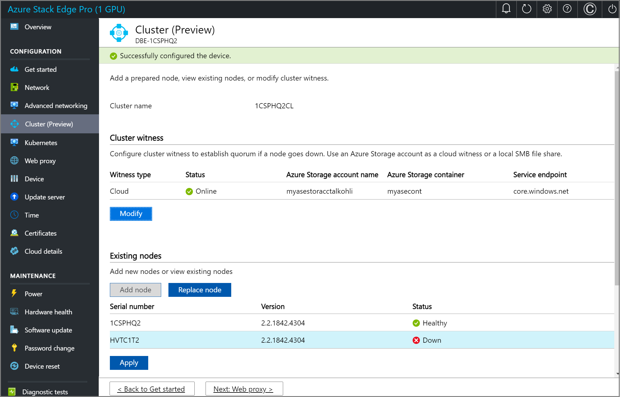 Screenshot of local web U I Cluster page with the Existing nodes option displaying a node status as Down.