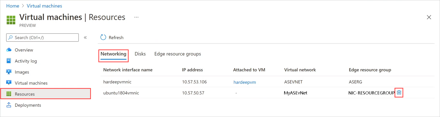 Screenshot showing the Networking blade in virtual machine resources. The delete icon for an unattached network interface is highlighted.