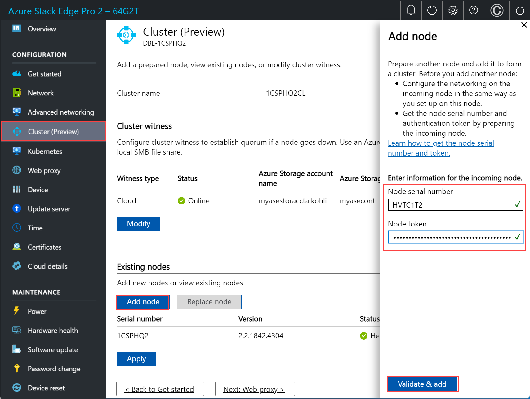 Screenshot of local web UI "Add node" page with "Add node" option selected for "Existing" on first node.