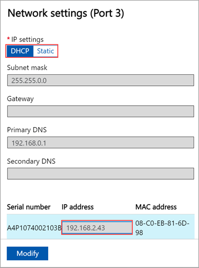 Screenshot of the Port 3 Network settings in the local web UI of an Azure Stack Edge device.