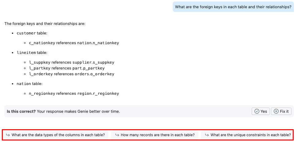 Suggested follow-up questions appear below a Genie response.