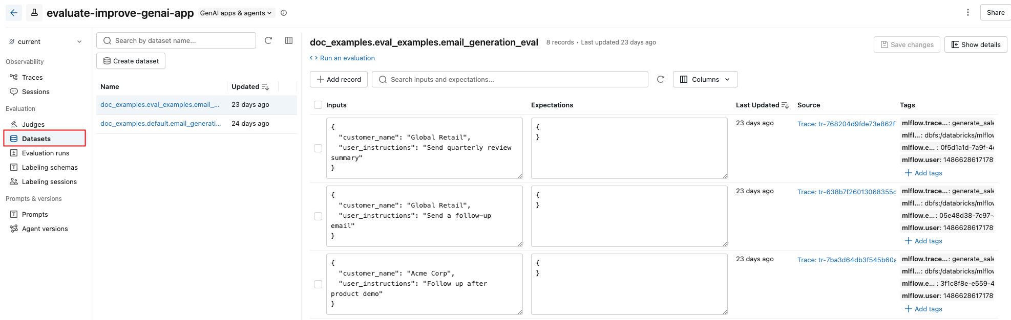 Evaluation datasets tab