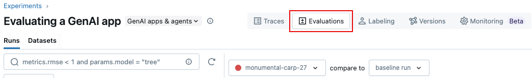 Evaluations tab at the top of the MLflow Experiment UI.