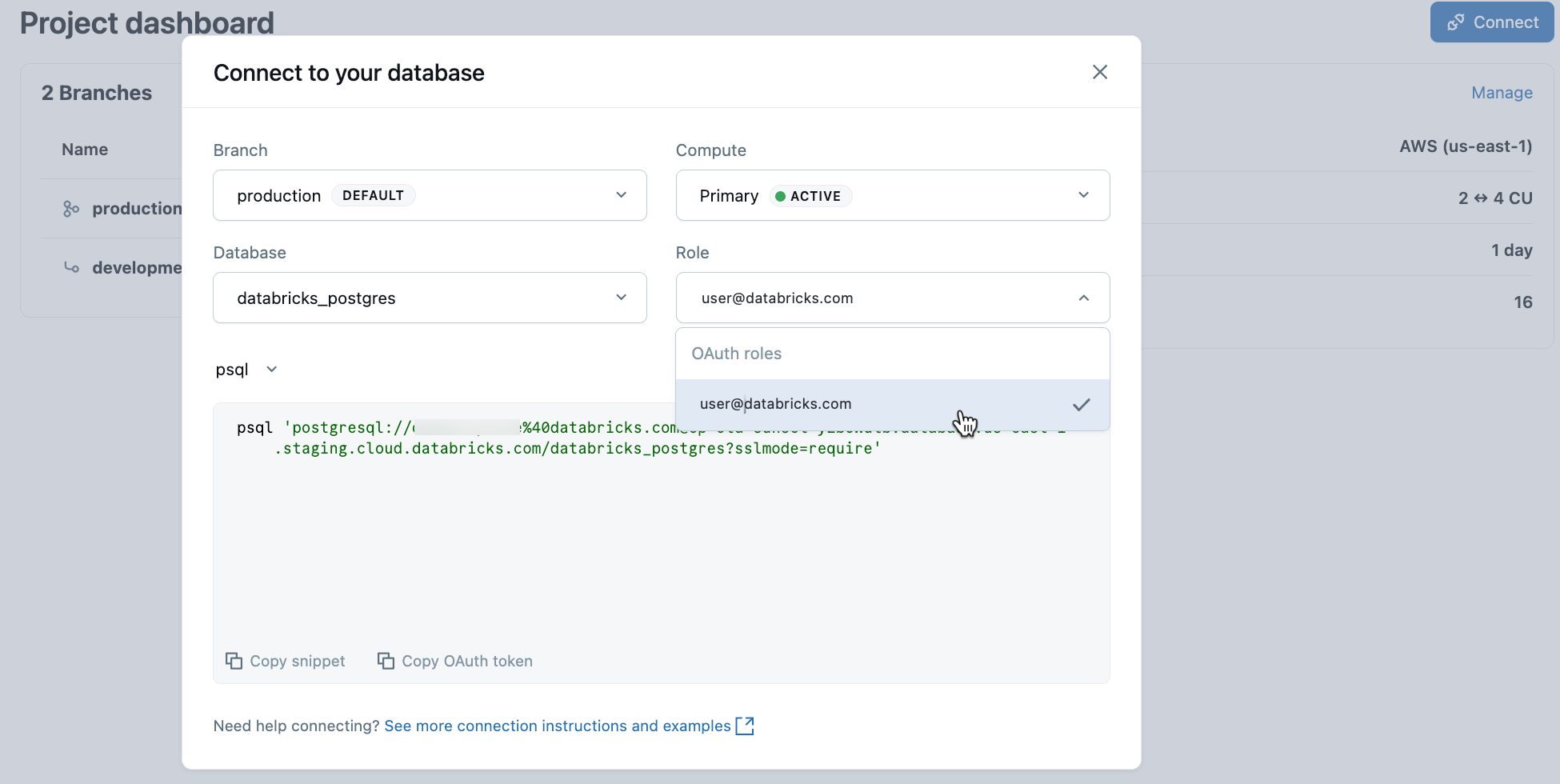 Connect modal with the Role drop-down open showing the OAuth roles section