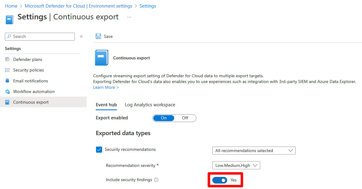 Screenshot that shows the Include security findings toggle in a continuous export configuration.